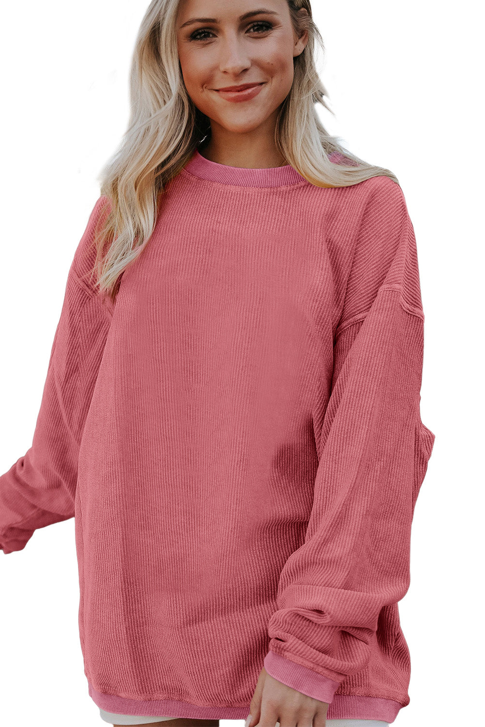 Strawberry Pink Ribbed Corded Oversized Sweatshirt