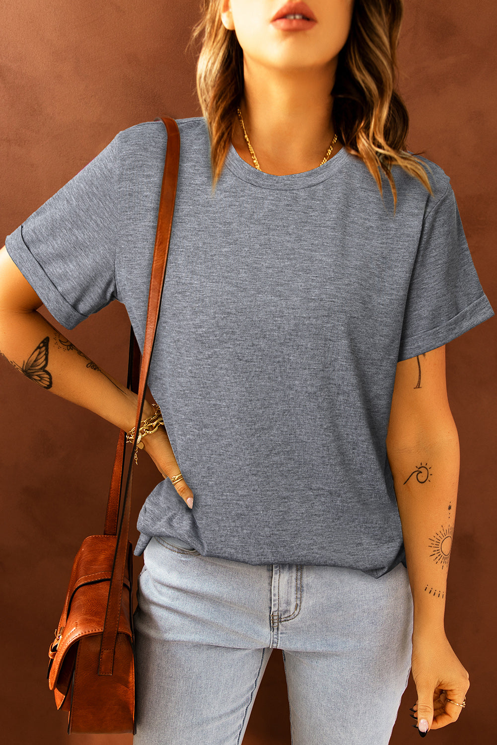 Gray Solid Color Crew Neck Tee