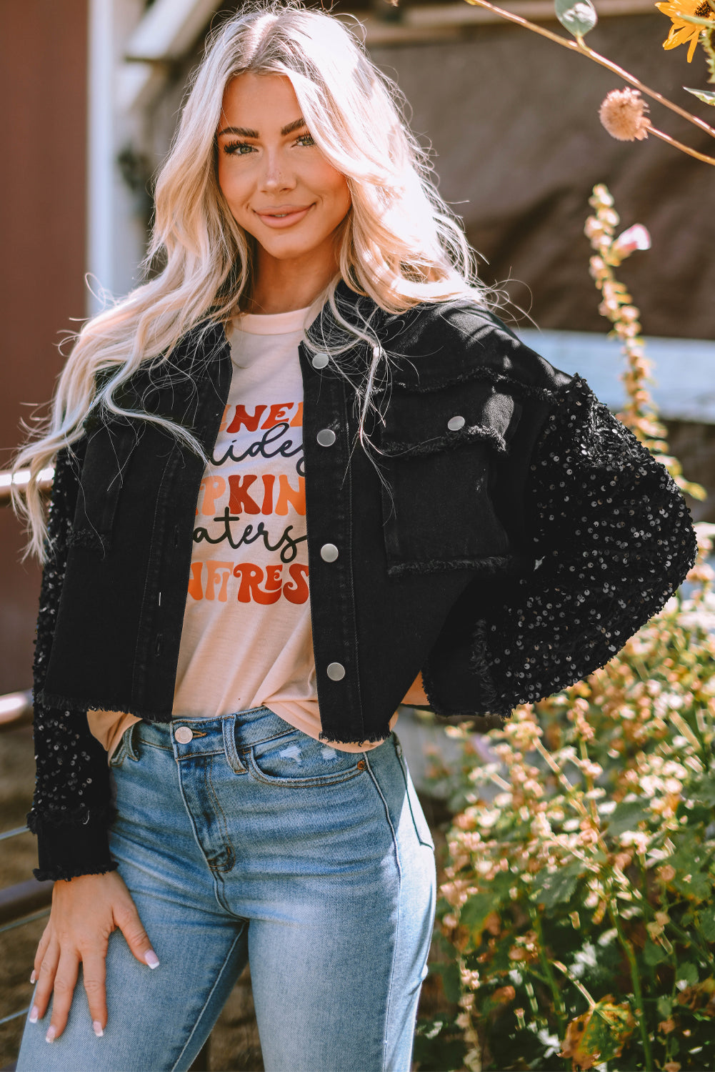 Black Sequin Sleeve Pocketed Raw Hem Denim Jacket