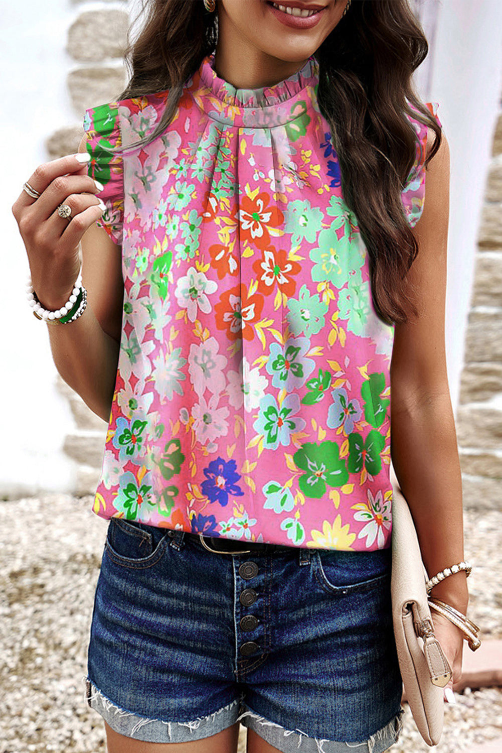 Sky Blue Frilled Collar Floral Vest