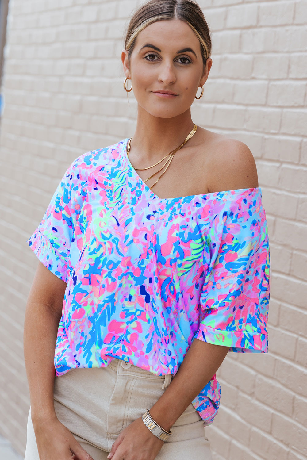 Sky Blue Floral Long Sleeve Top and Drawstring Shorts Set