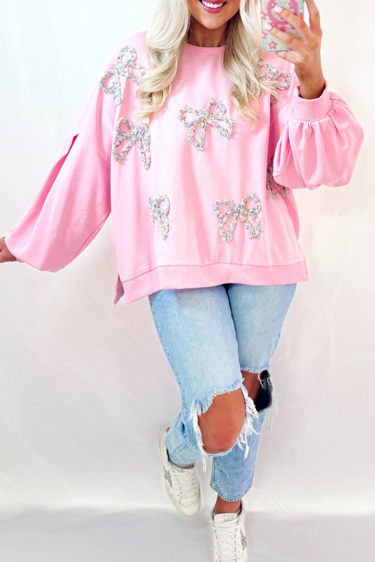 Embroidered Bow Lantern Sleeve Oversized Pullover Sweatshirt