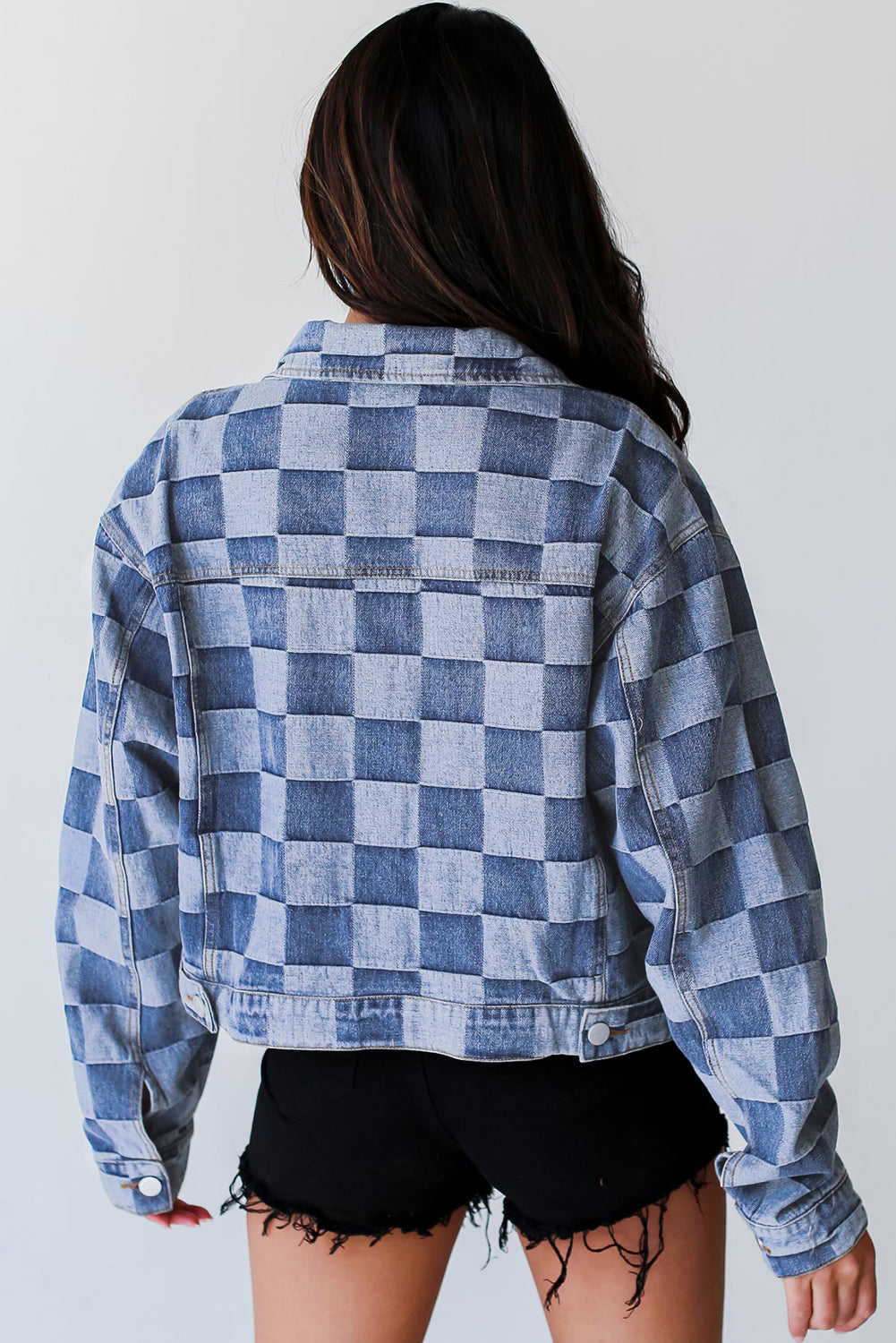 Women's Checkered Patchwork Button up Denim Jacket