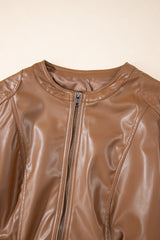 Chestnut Solid Faux Leather Zipper Slim Fit Jacket