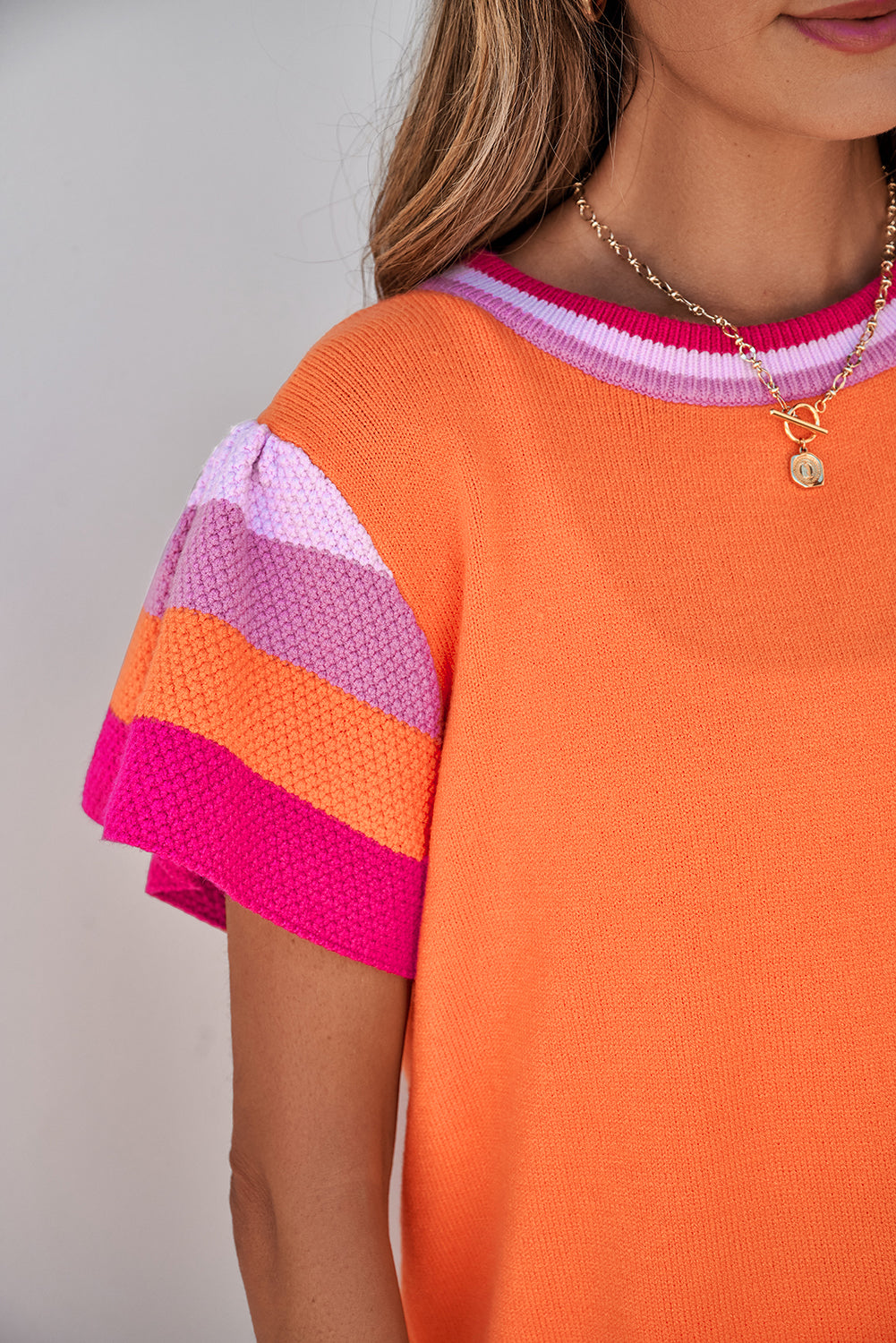 Multicolor Flutter Sleeves Knitted Sweater T Shirt