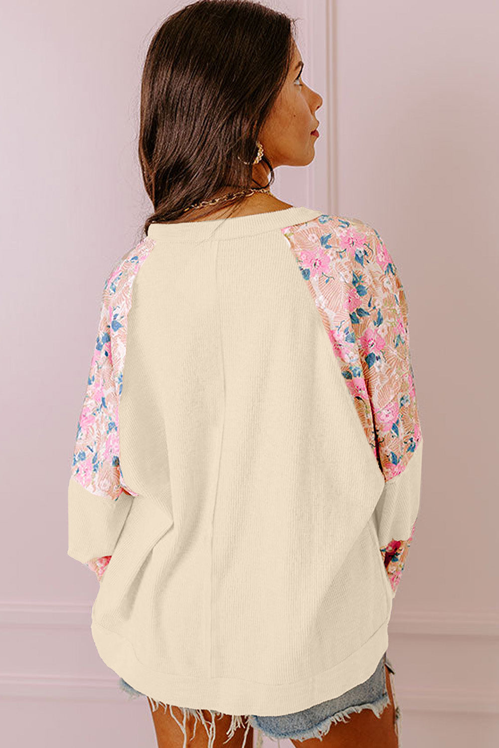 Textured Floral Patchwork Balloon Sleeve Blouse