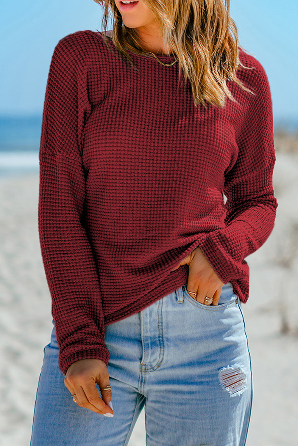 Black Waffle Knit Drop Shoulder Long Sleeve Top