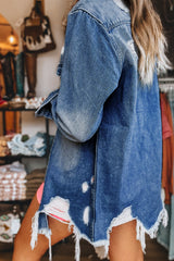 Mineral Wash Distressed Frayed Long Denim Jacket