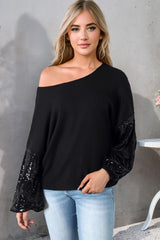 Black Sequin Patchwork Sleeve Open Back Waffle Knit Top