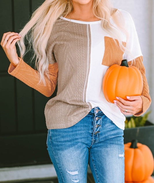 Orange Long Sleeve Colorblock Chest Pocket Textured Knit Top