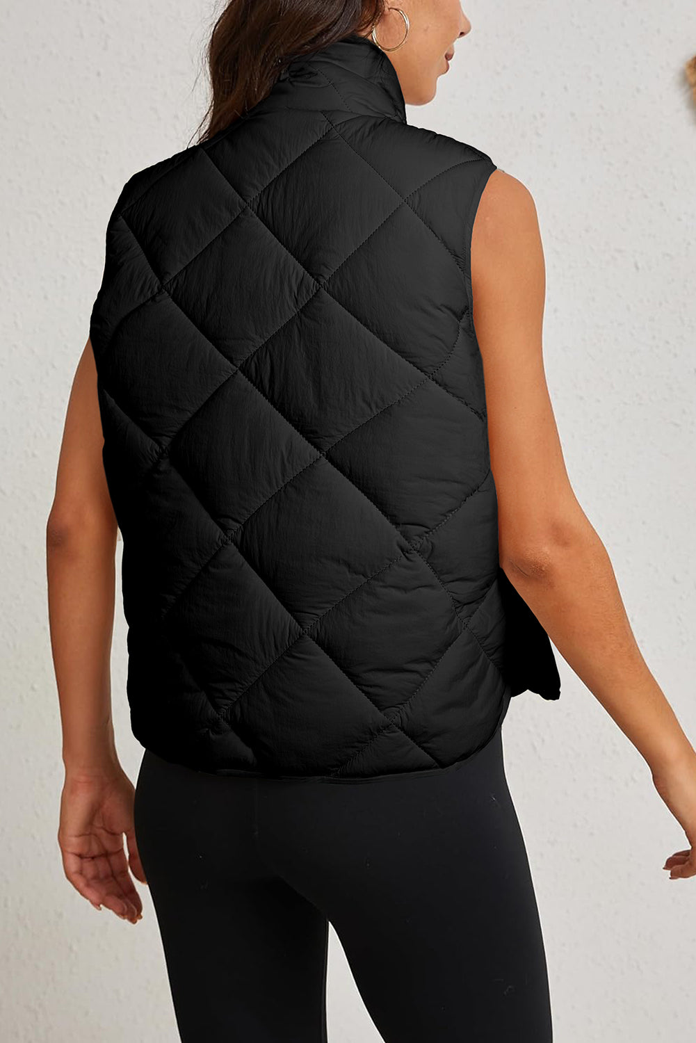 Solid Color Quilted High Neck Button Up Pocket Vest Coat