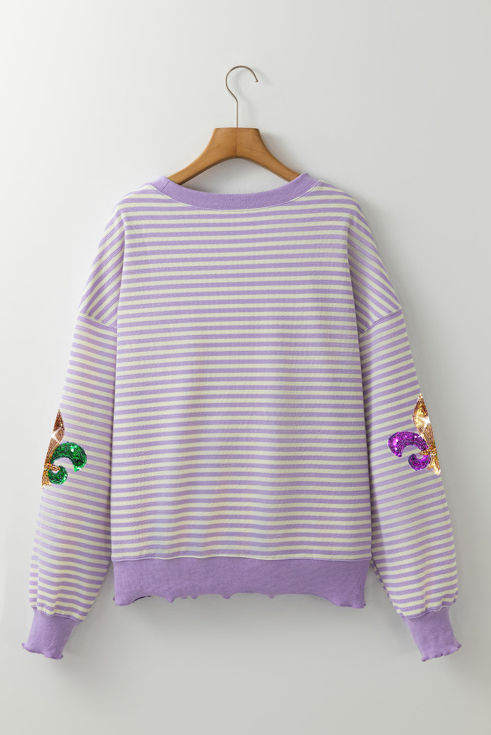 Purple Stripe Sequin Fleur de Lis Patched Pattern Long Sleeve Top