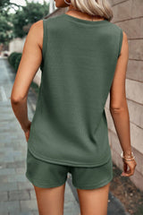 Mist Green Waffle Knit Patched Pocket Tank And Shorts Set