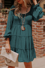 Smocked Crew Neck Elastic Waist Flowy Tiered Mini Dress