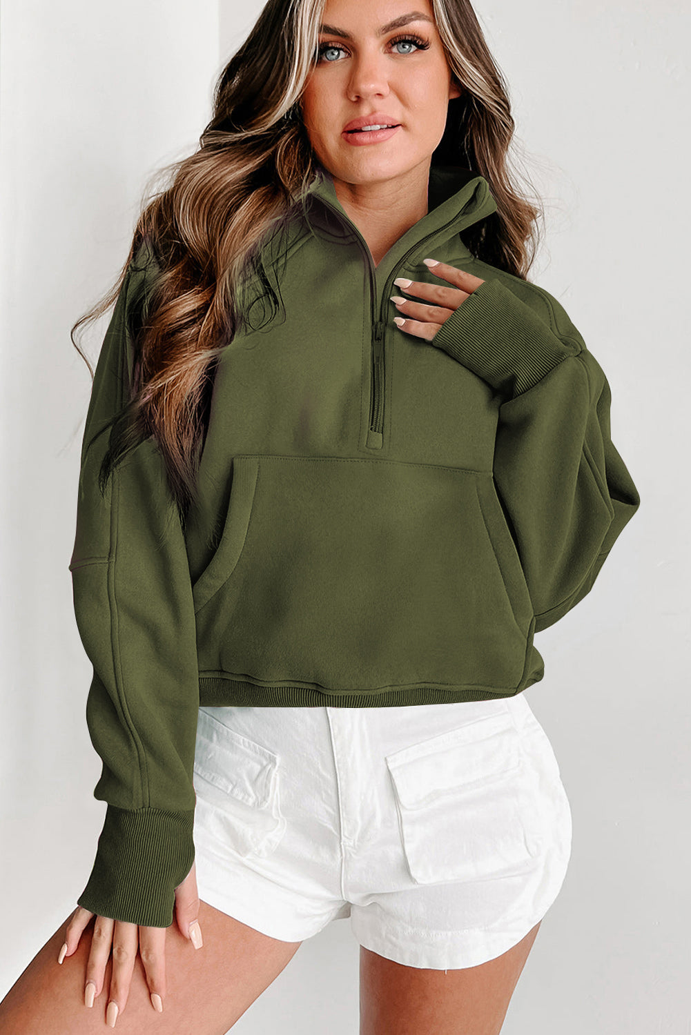 Green Zip Up Stand Collar Ribbed Thumbhole Sleeve Sweatshirt