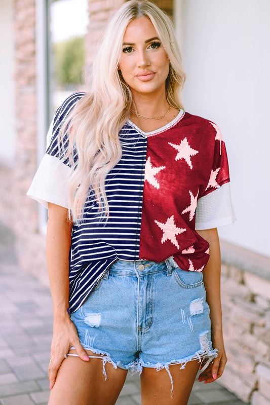 Stripes Stars Print Knit Short Sleeves Top