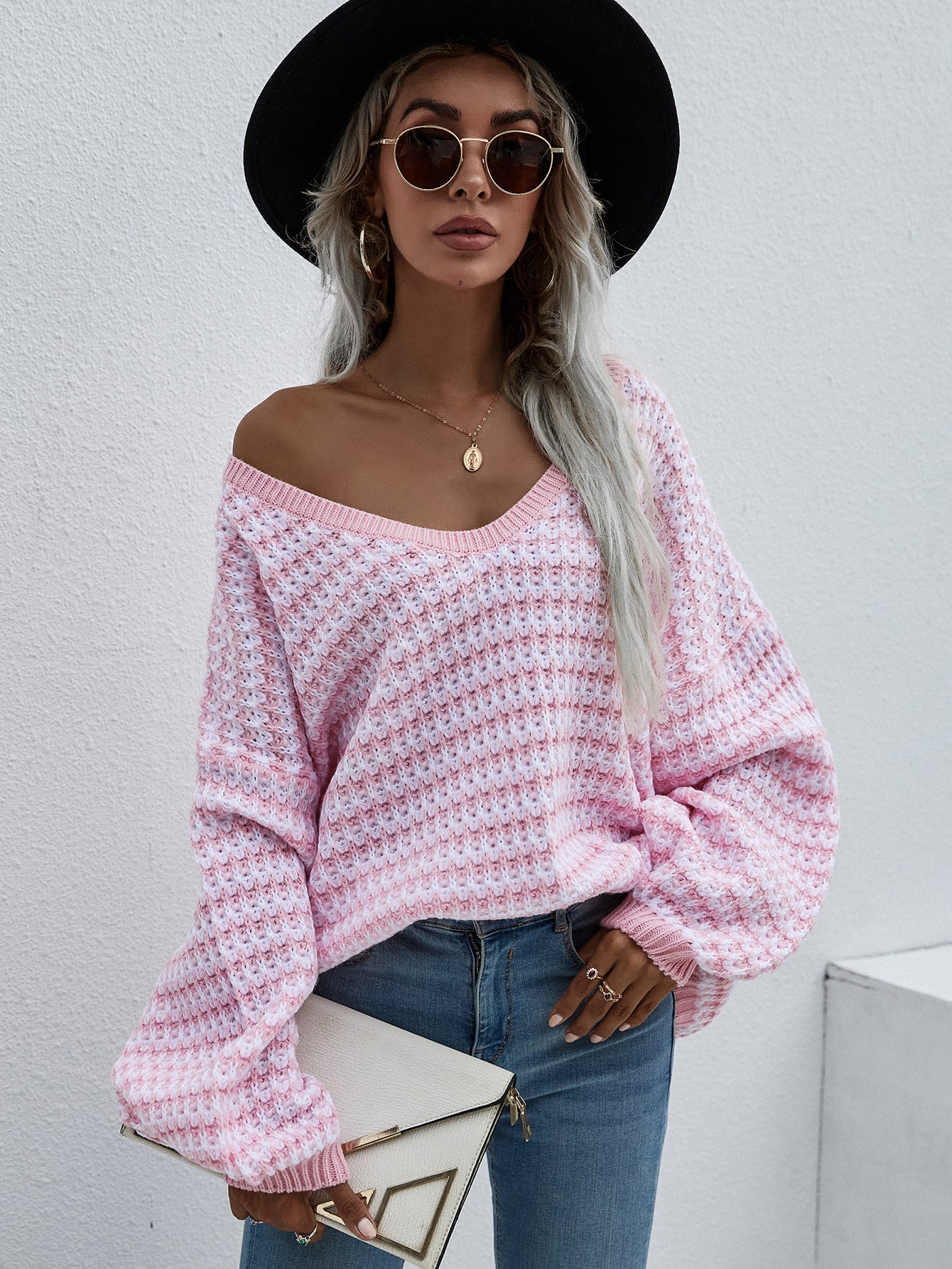 Stripes V-Neck Sleeve Knit Casual Tops Tunic Pullover Sweaters