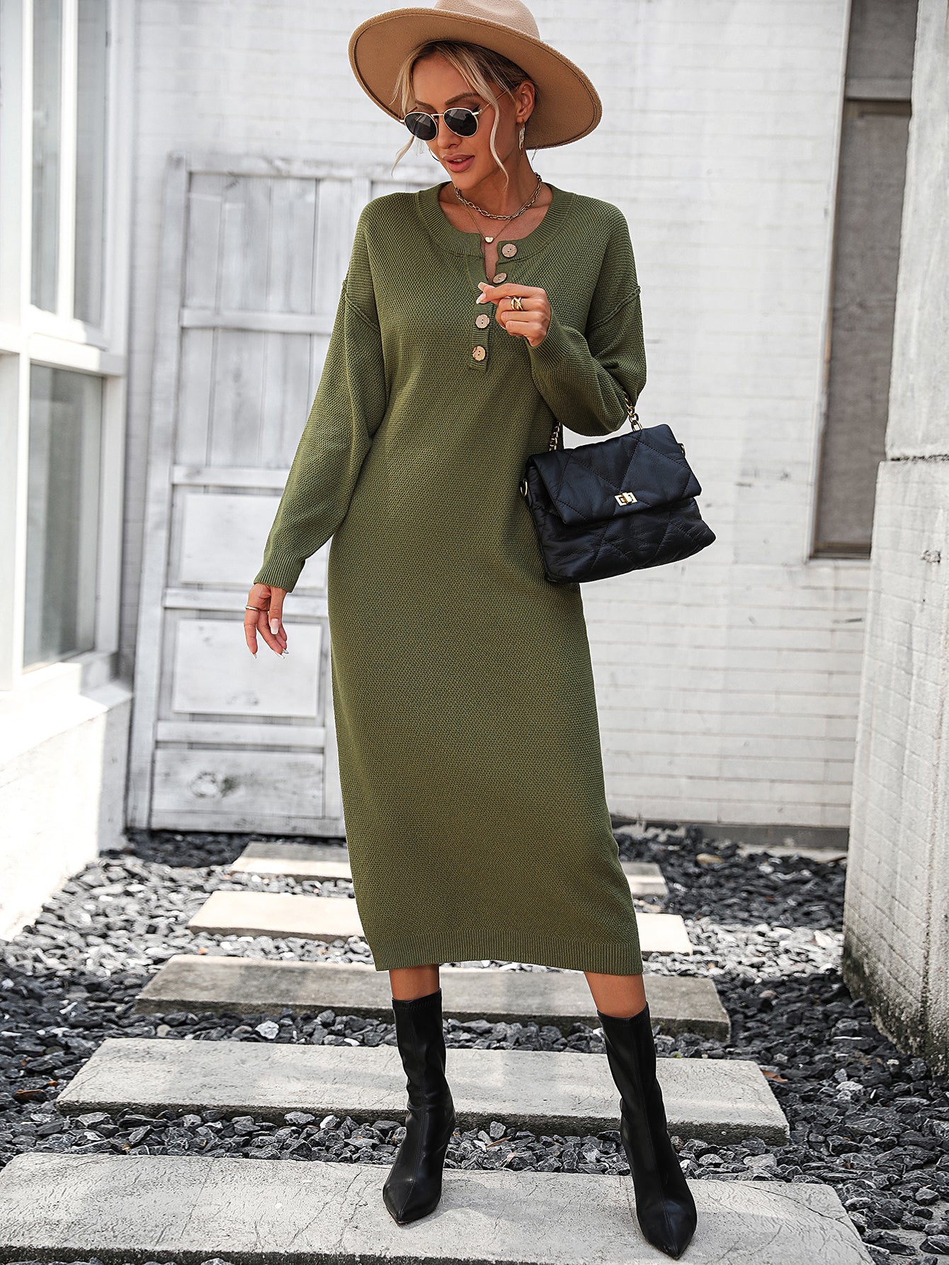 Women's Sweater Button Sweater Dress Fashionable Sweater Dress