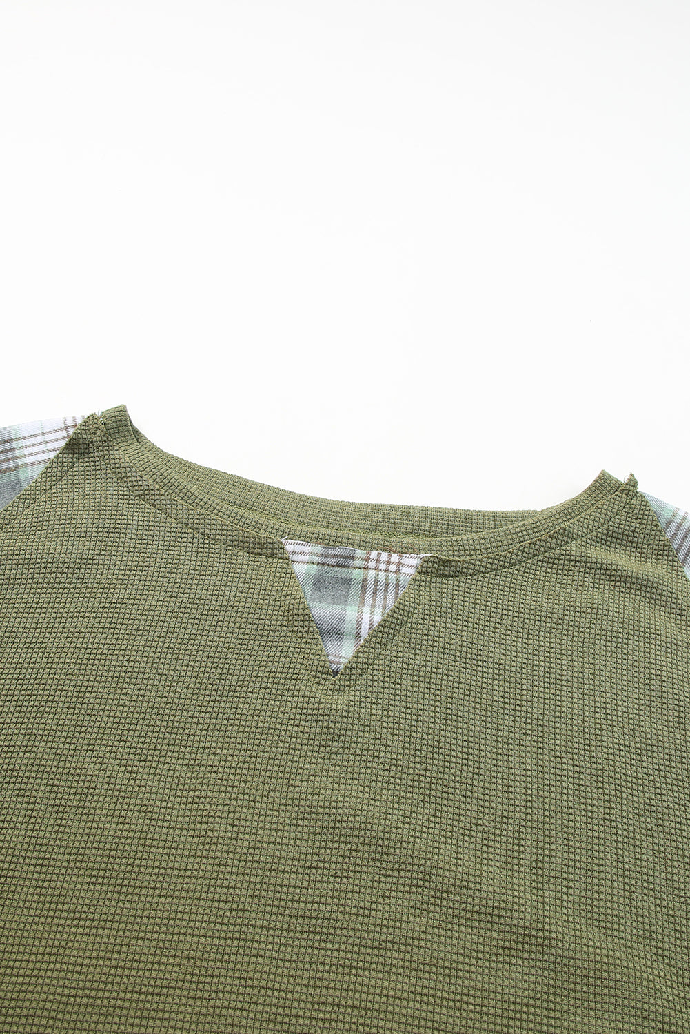 Green Plaid Patch Waffle Knit Exposed Seam Bubble Sleeve Top