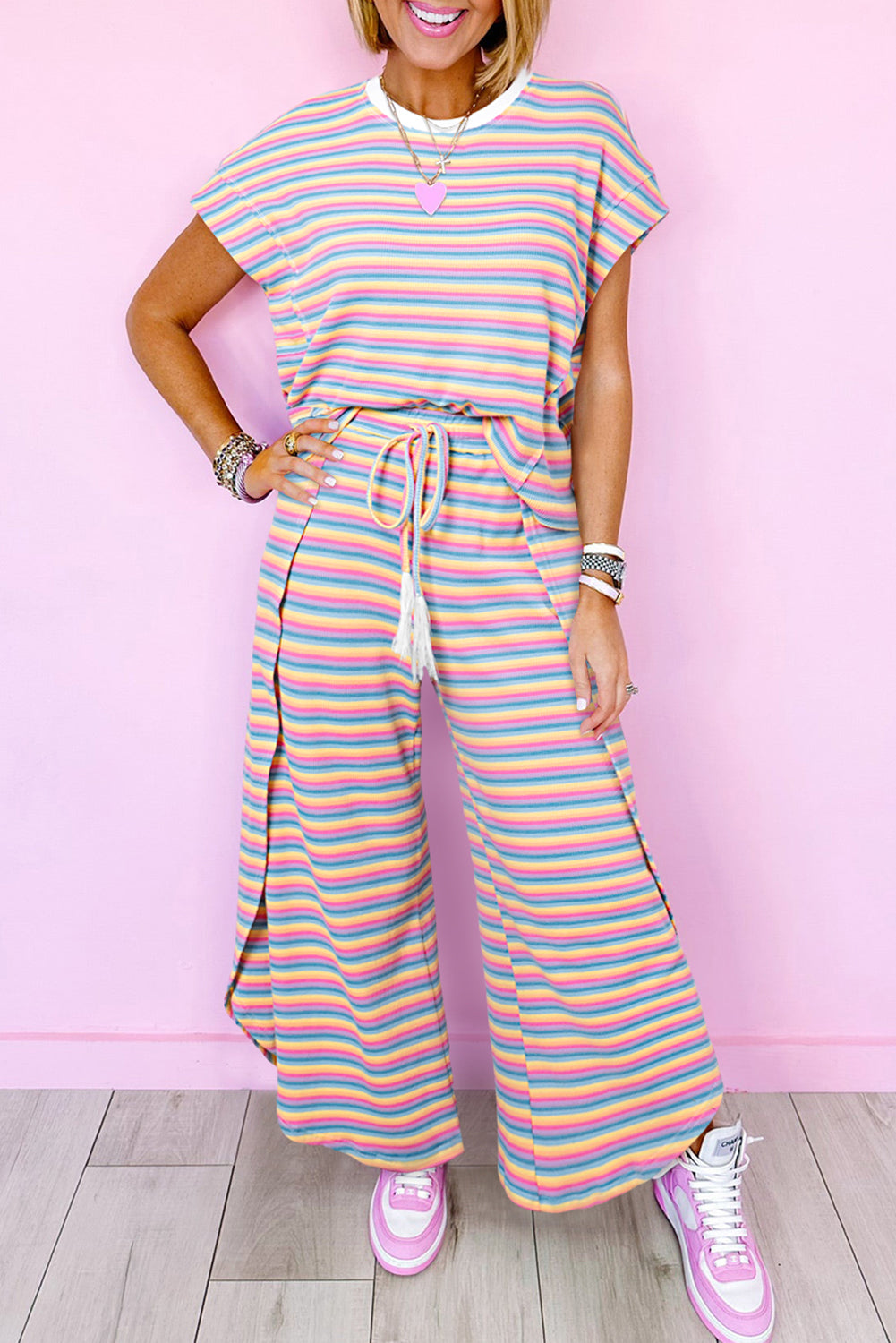 Rainbow Tee Tasseled String Wide Leg Pants Set