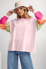 Dark Blue Colorblock Patchwork Long Sleeve Loose Top