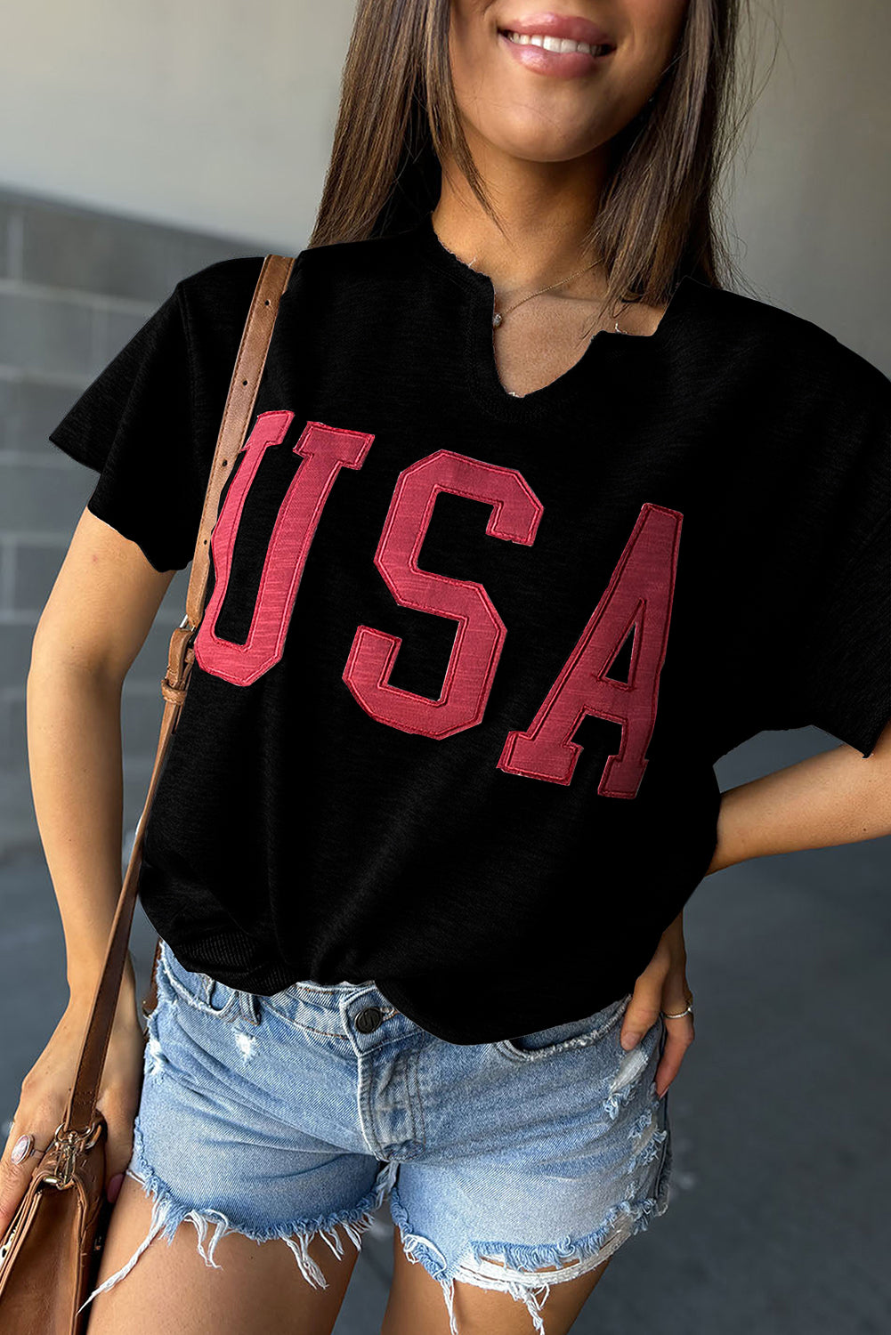 Multicolor Lettering Patch Notched Neck Loose Tee