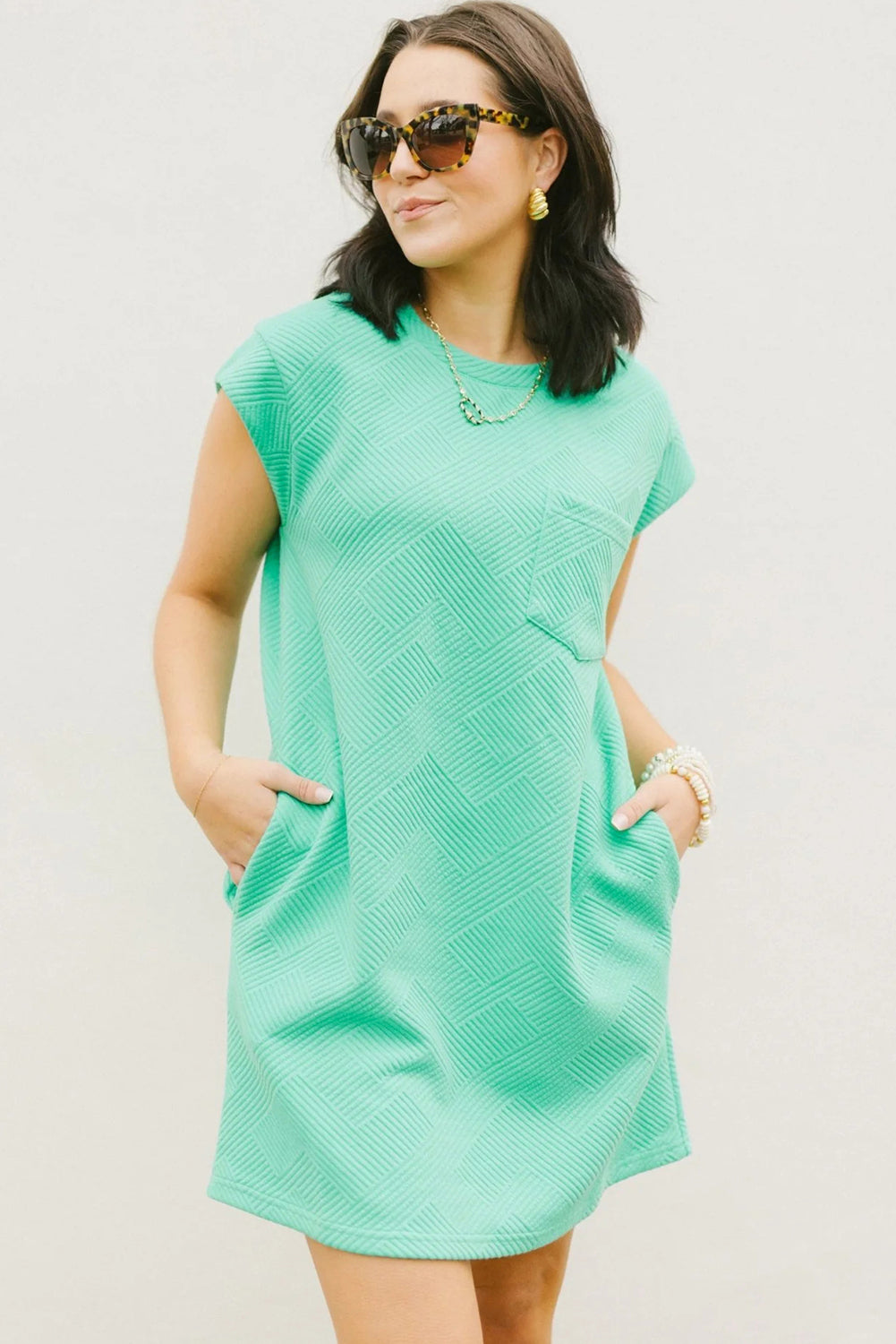 Mint Green Textured Cap Sleeve T Shirt Dress