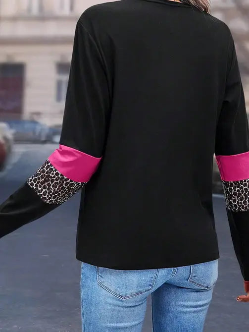 Leopard Colorblock Patchwork Crew Neck Long Sleeve Tee