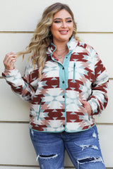 Fiery Red Western Aztec Buttoned Zipper Pockets Fleece Jacket