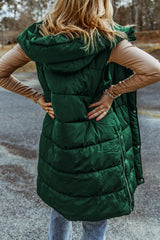 Green Hooded Long Quilted Vest Coat