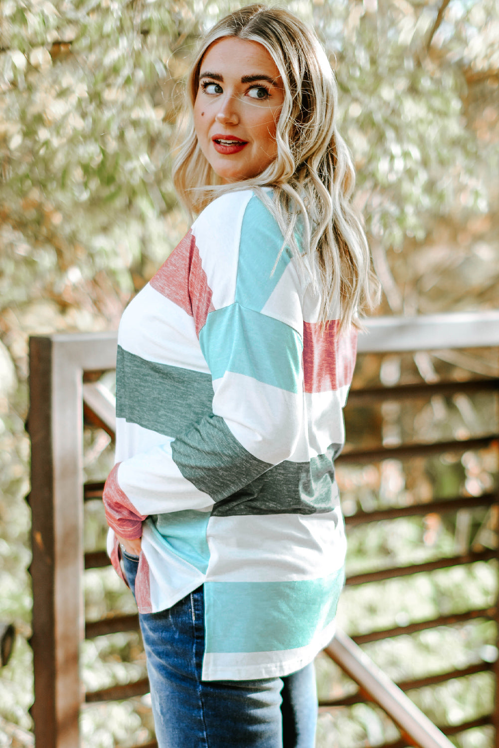 Pink Stripe Plus Size Colorblock Pullover Top