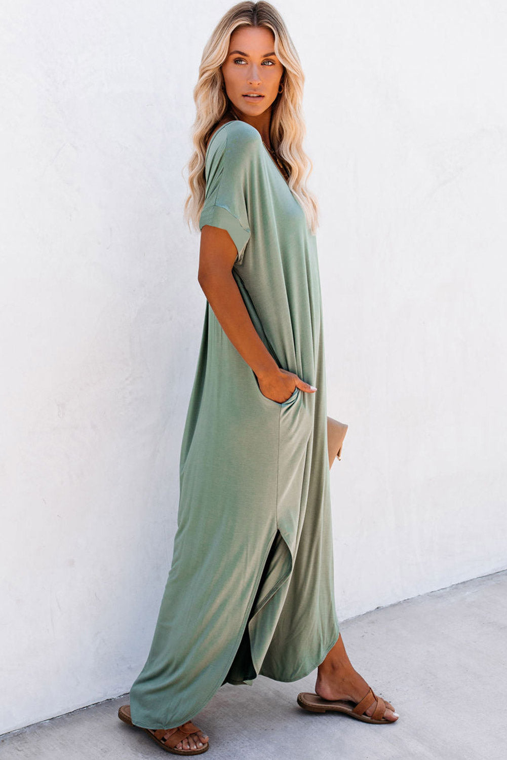 V Neck Hidden Pocket Splits Maxi Dress