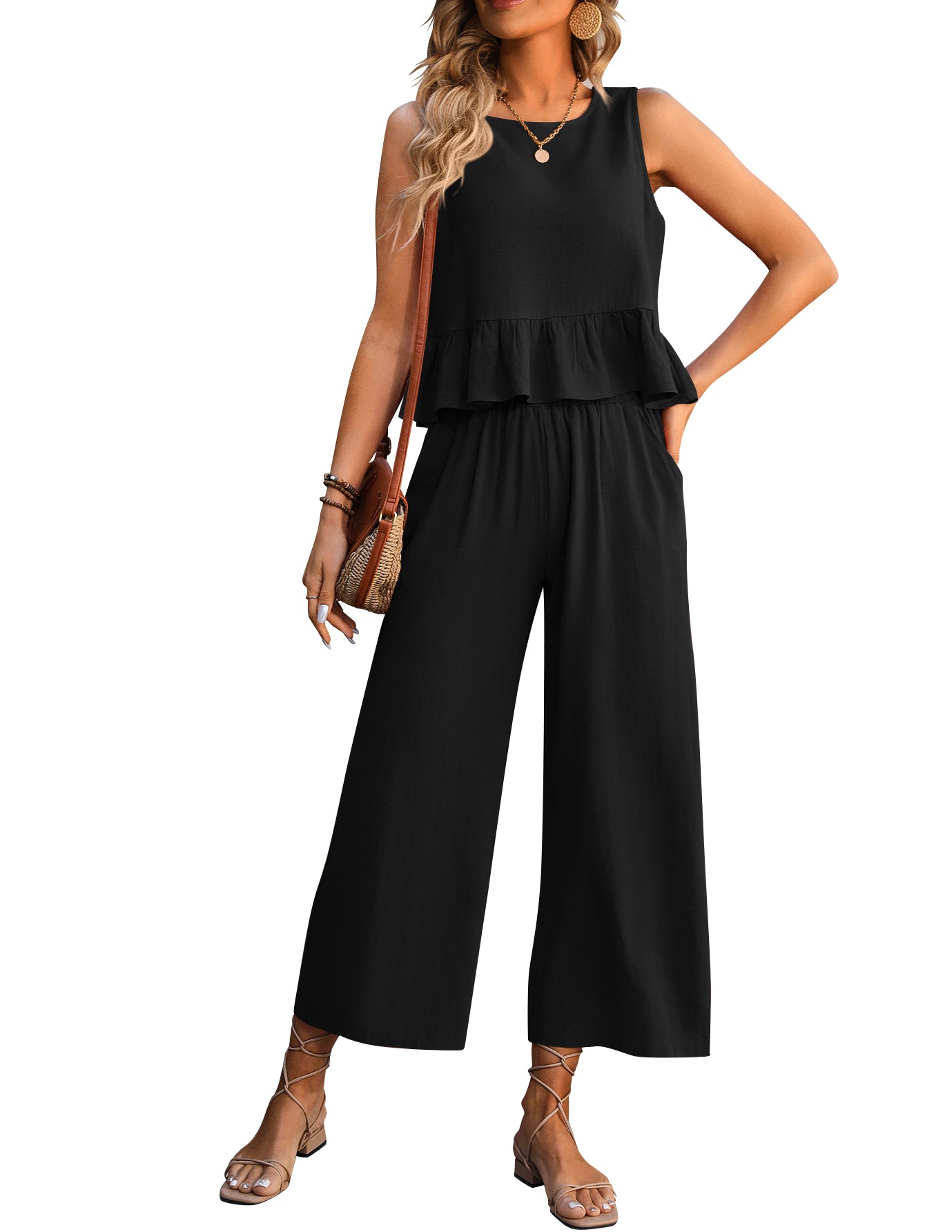 Sleeveless Crop Top Wide Leg Pants  Lounge Matching Sets