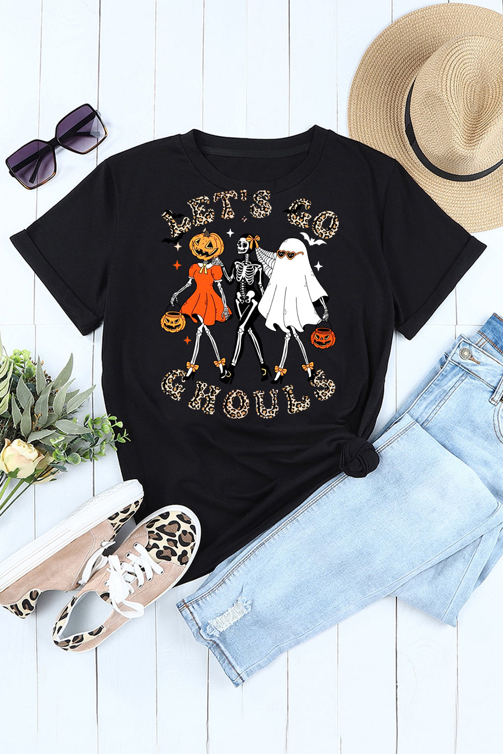 Halloween Pumpkin Skull Plain Crew Neck T-Shirt