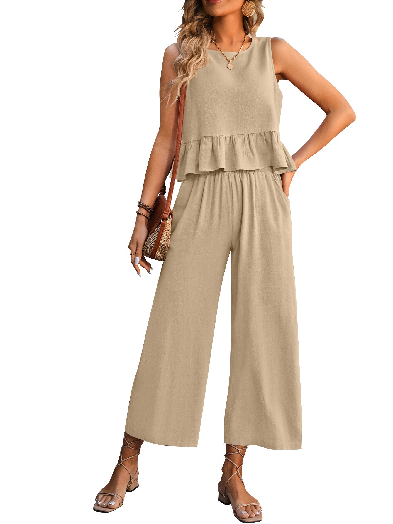 Sleeveless Crop Top Wide Leg Pants  Lounge Matching Sets