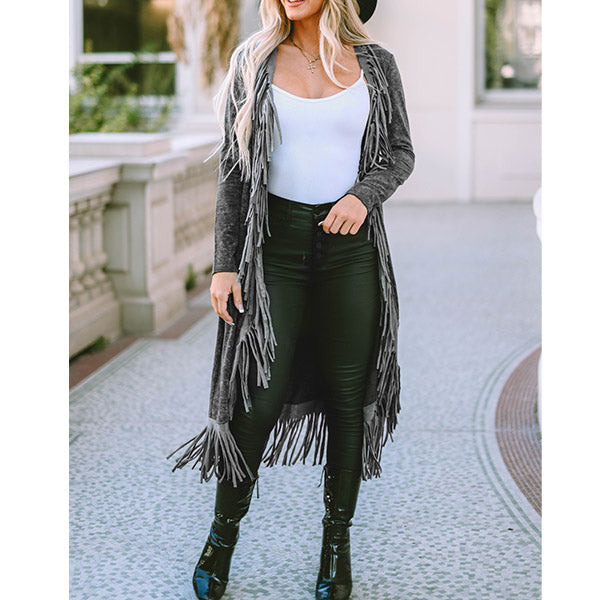 Black Fringed Hem Pocketed Open Cardigan