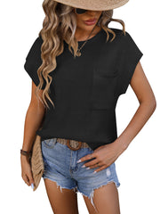 Crewneck Pocket Trim Top Short-sleeved Sweater