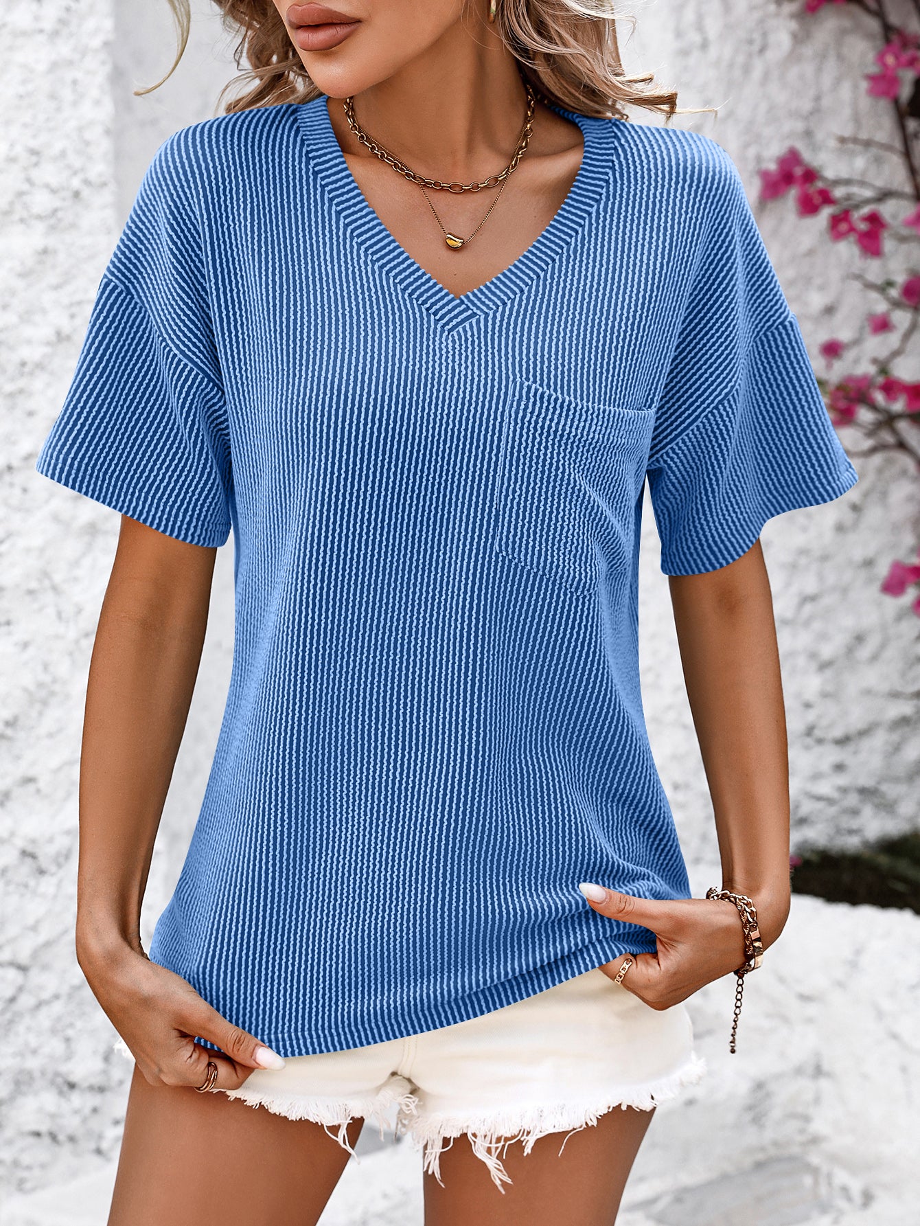 V Neck Casual Strip Short Sleeve Knit Top With Pockets