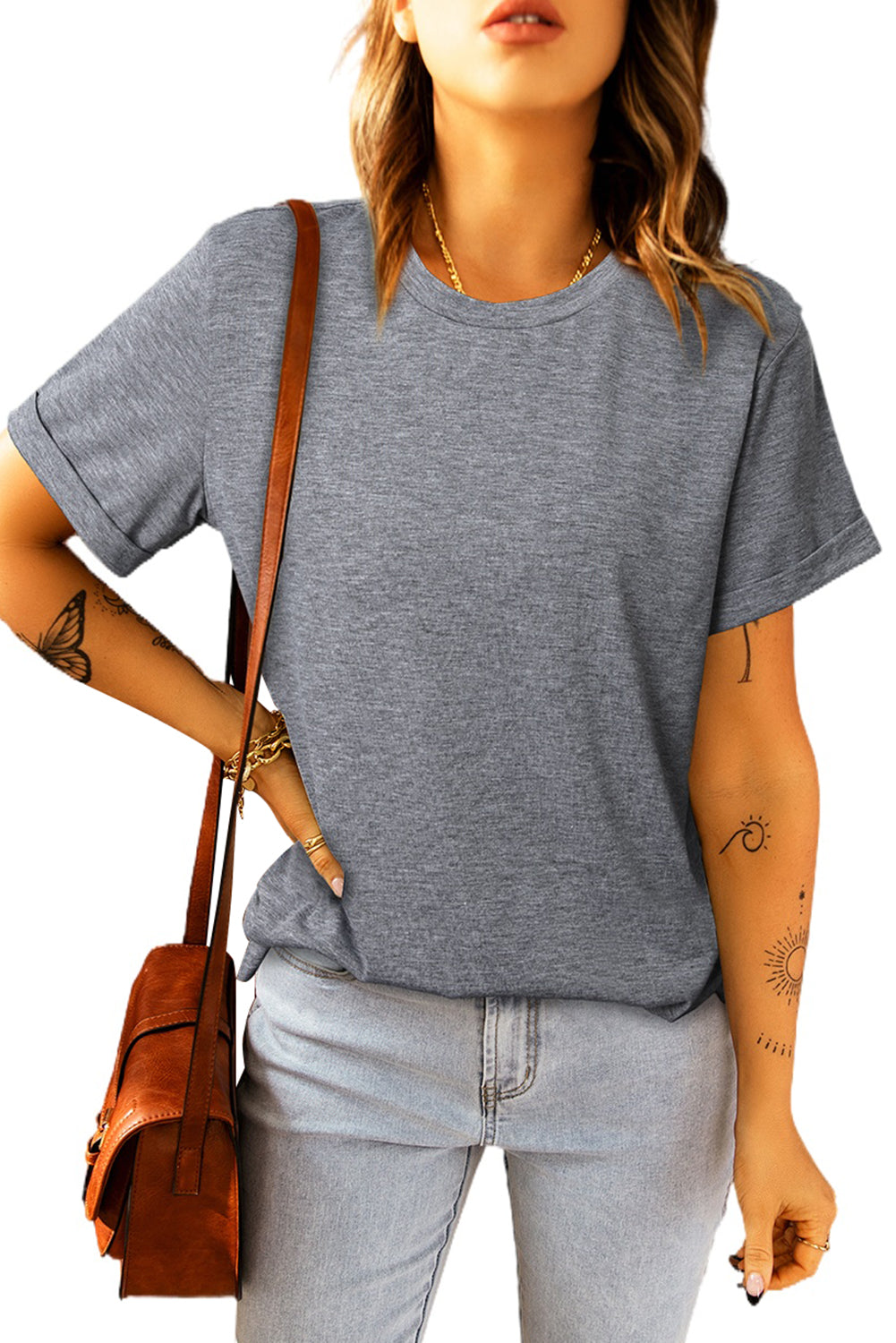 Gray Solid Color Crew Neck Tee