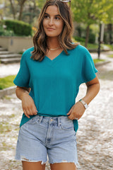 Sapphire Crinkled V Neck Wide Sleeve T-shirt