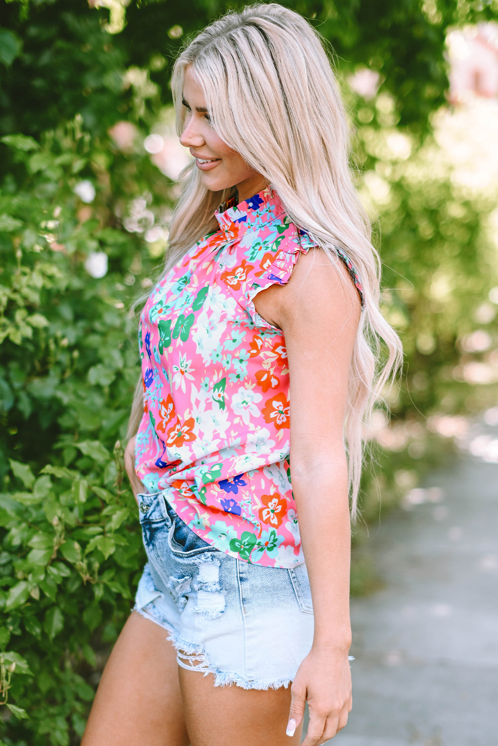 Sky Blue Frilled Collar Floral Vest