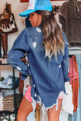 Mineral Wash Distressed Frayed Long Denim Jacket