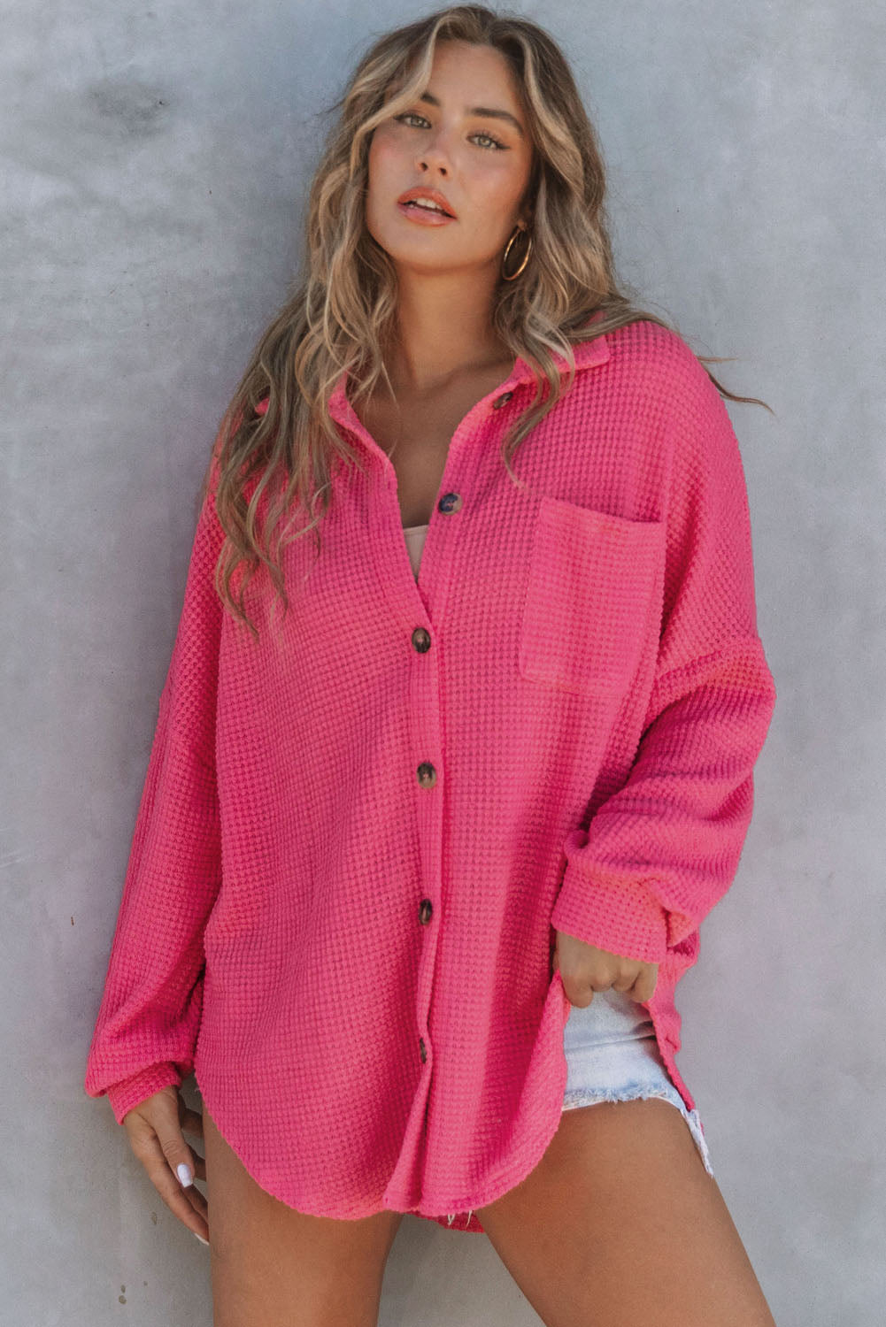 Pink Waffle Knit Button Up Casual Shirt