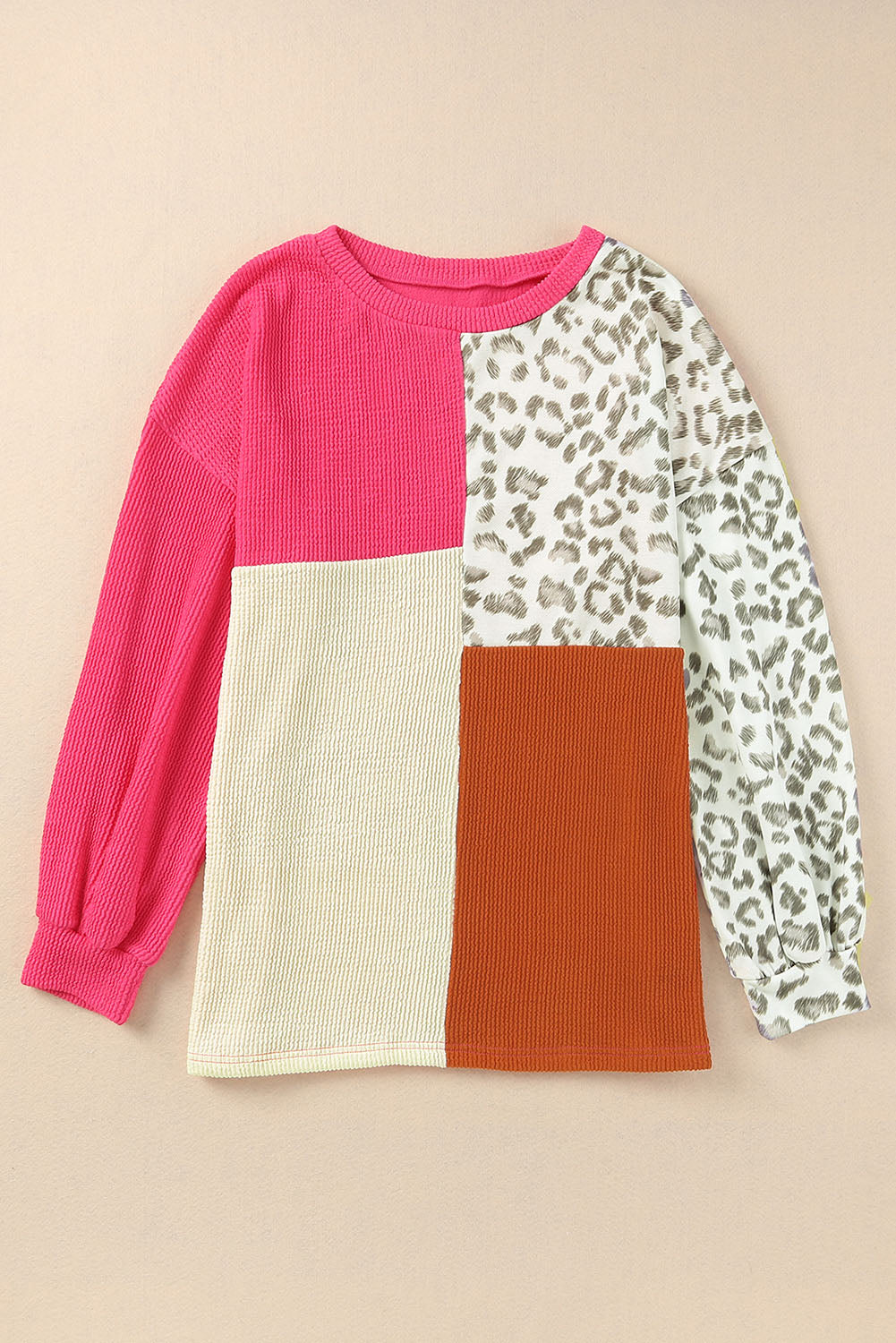 Rose Leopard Patchwork Color Block Ribbed Long Sleeve Top