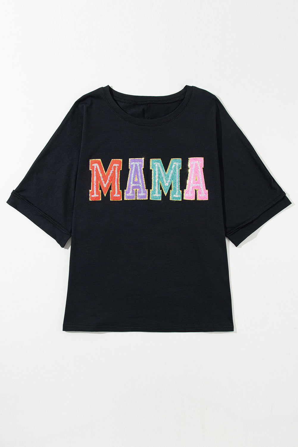 Multicolor MAMA Chenille Patched Crew Neck T Shirt