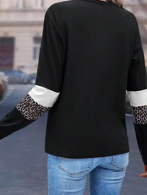 Leopard Colorblock Patchwork Crew Neck Long Sleeve Tee