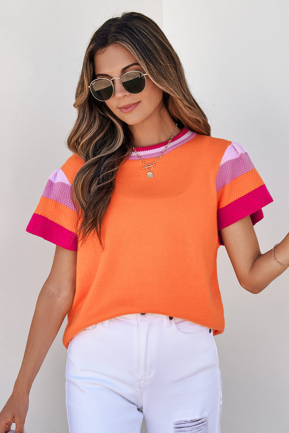 Multicolor Flutter Sleeves Knitted Sweater T Shirt