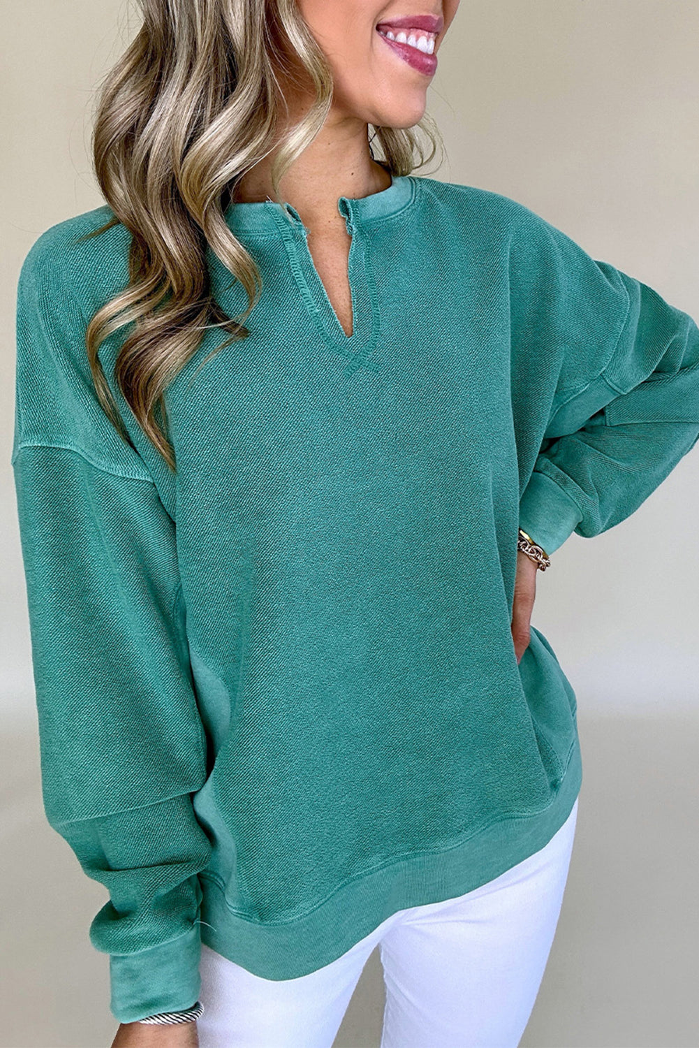 Solid Color Notched Neck Drop Shoulder Sweatshirt