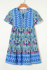 Multicolor Bohemian Print Tie Neck Ruffle Hem Short Dress