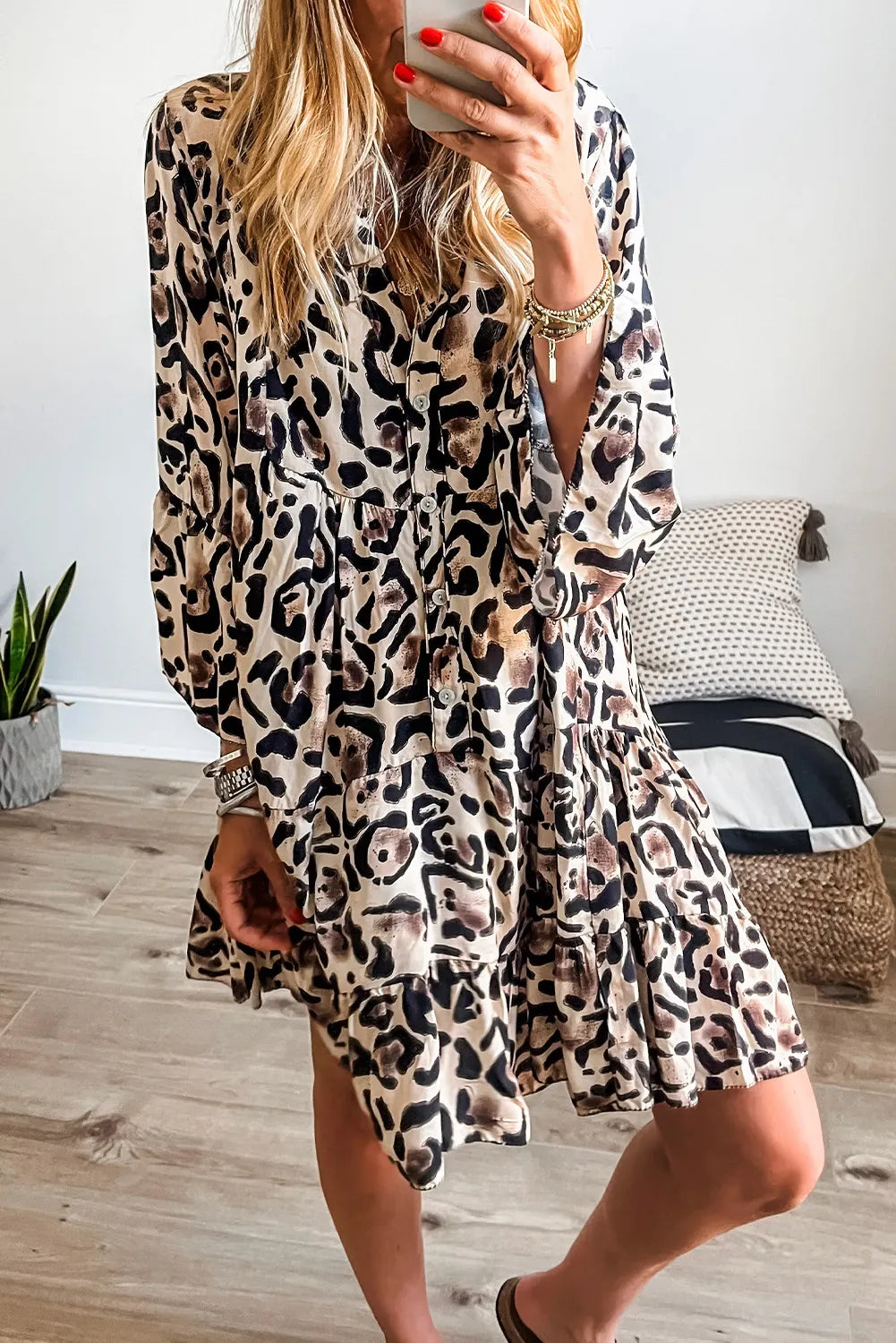 Leopard Print Buttoned Front 3/4 Sleeve Tiered Ruffled Hem Dress